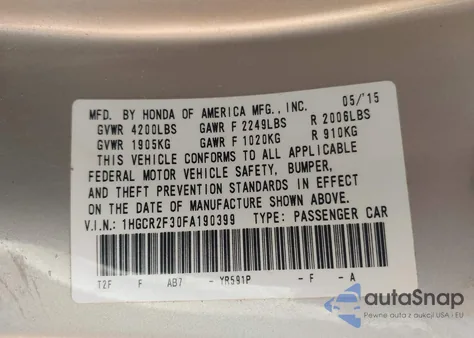2015 Honda Accord Lx z USA, uszkodzony, nr VIN 1HGCR2F30FA190399